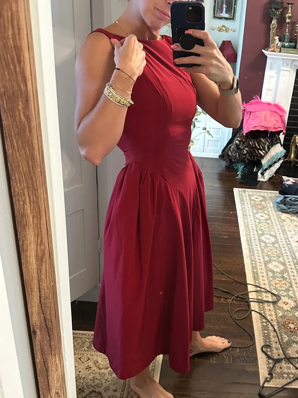 Jewel Badgley Mischka Burgundy Bask Waist Midi Dress - Picture 4 of 8